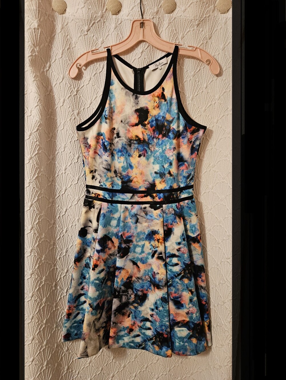 Parker Multicolor Watercolor-Print Dress with Black Trim